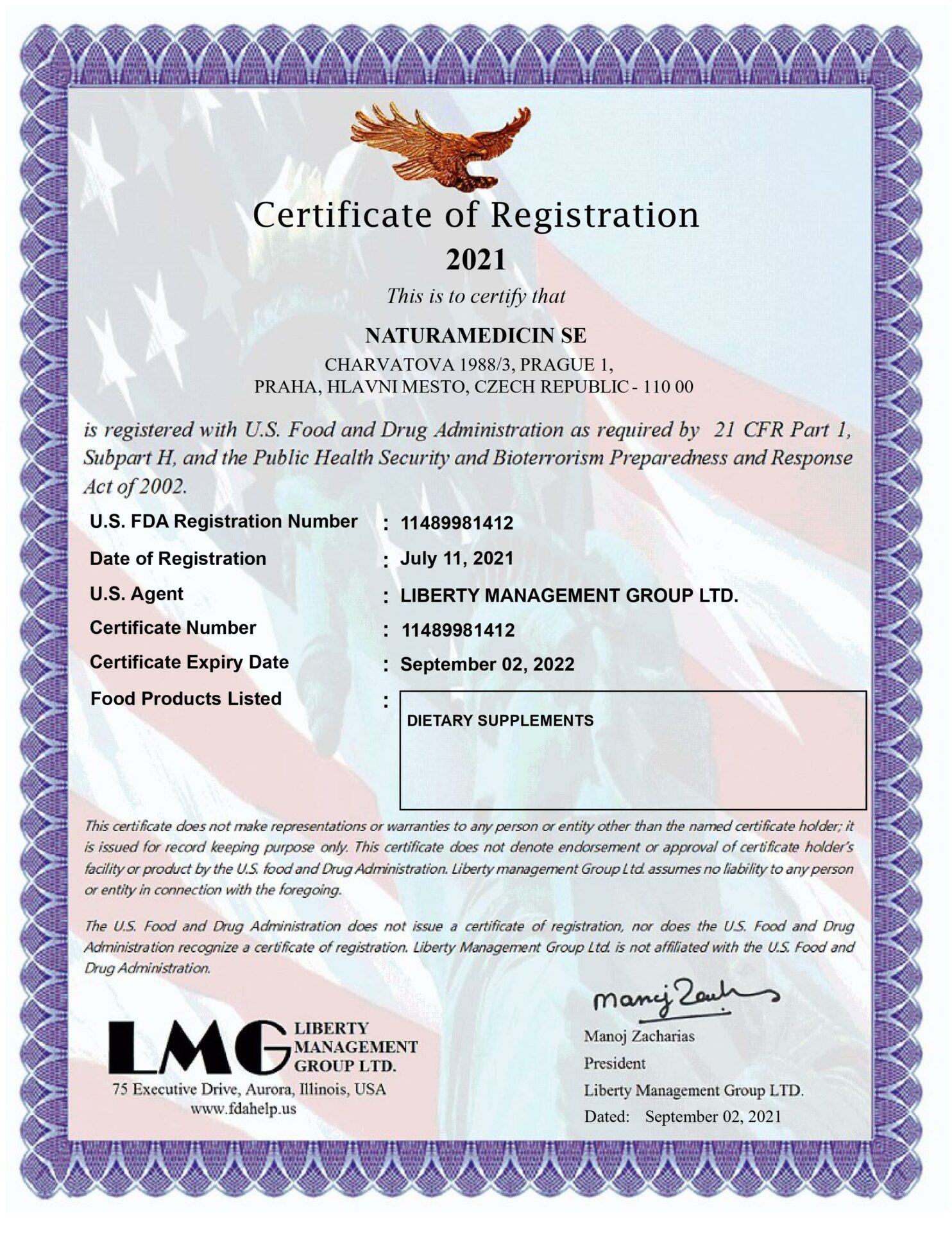 Certificate FDA NATURAMEDICIN