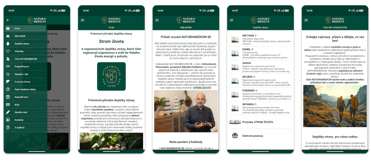 Pět obrazovek aplikace NATURAMEDICIN: menu, úvod, Náš příběh, produkty a Club NATURAMEDICIN