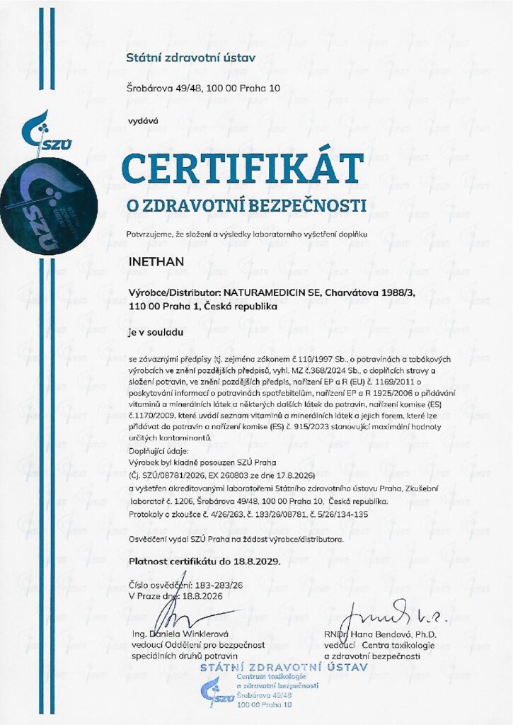 Certifikát o zdravotní bezpečnosti SZÚ pro INETHAN, číslo 183-283/26, vydaný 18. srpna 2026