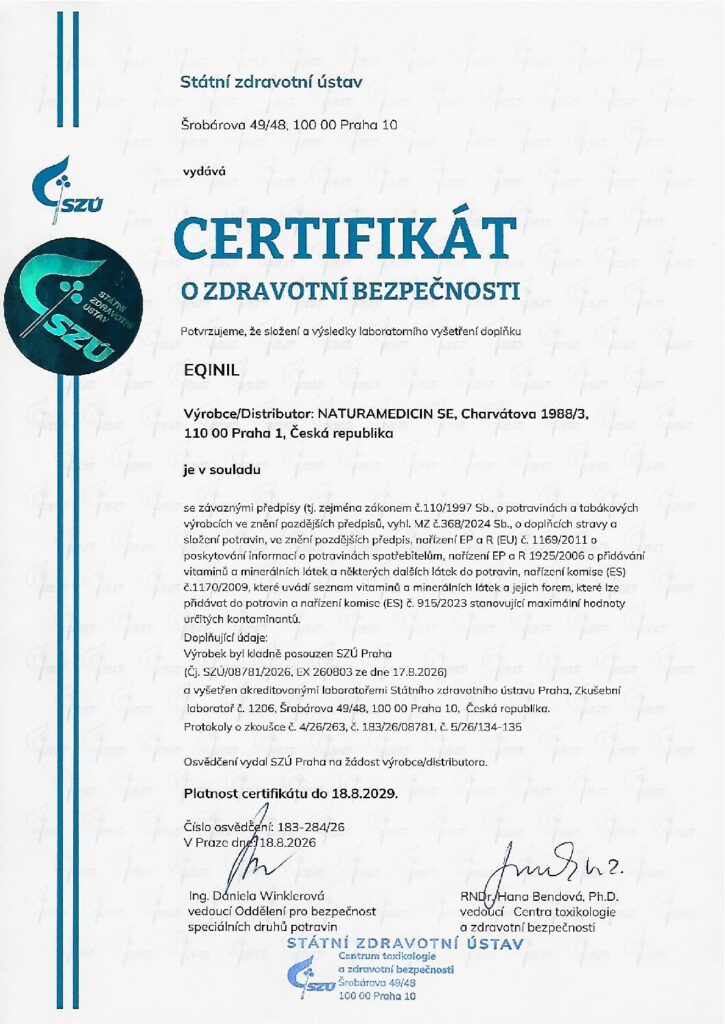 Certifikát o zdravotní bezpečnosti SZÚ pro EQINIL, číslo viz originální PDF, vydaný rok 2026