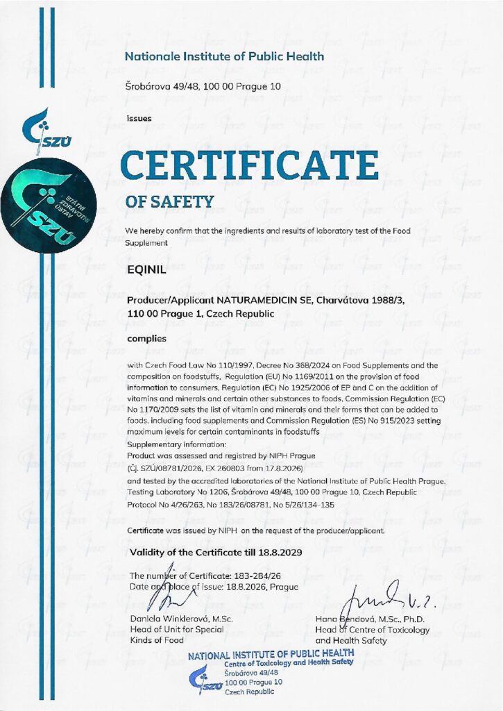 SZÚ health-safety certificate – EQINIL, 2026 (English PDF)