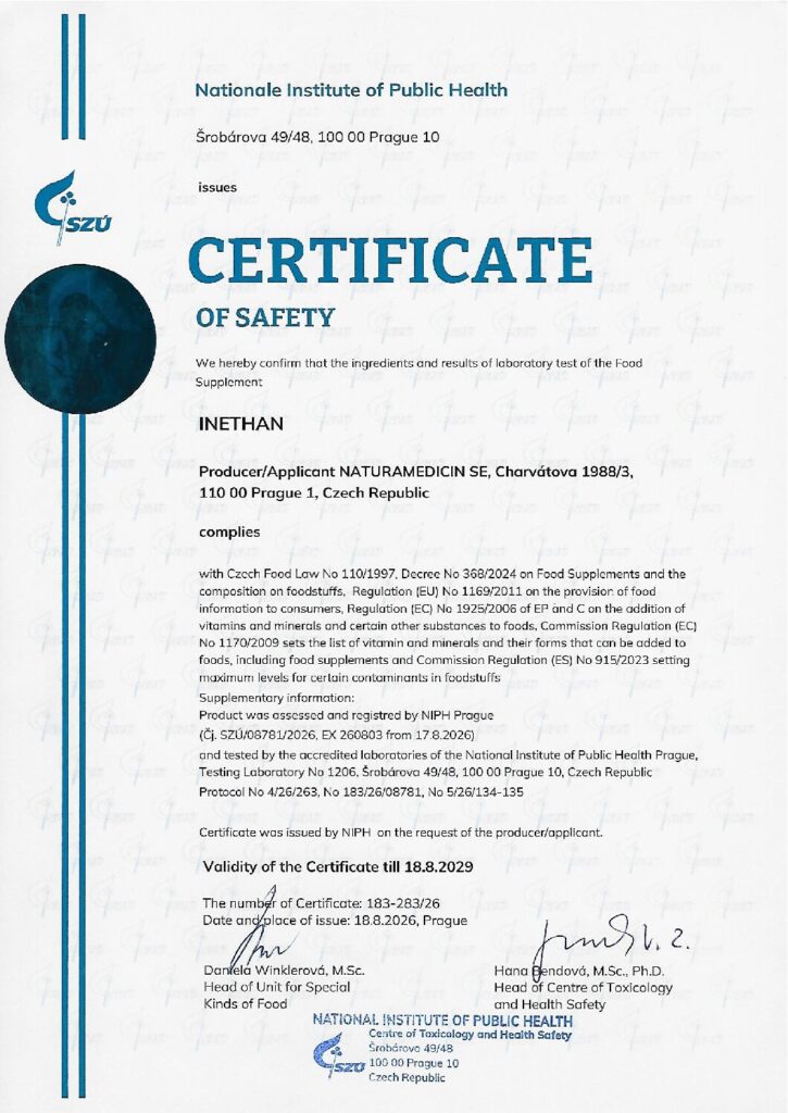 SZÚ health-safety certificate – INETHAN, 2026 (English PDF)