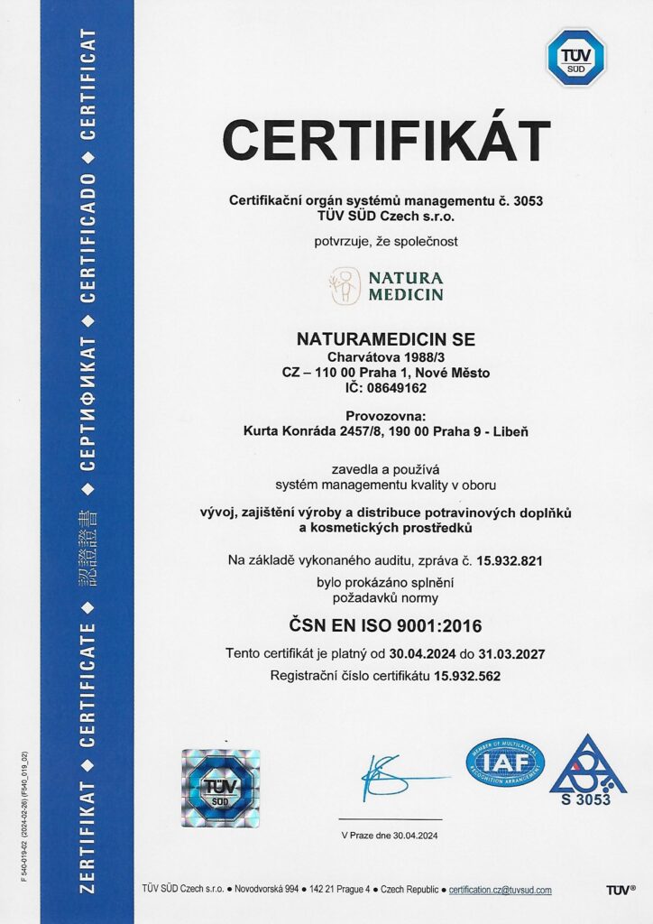 TÜV SÜD-Zertifikat für das Qualitätsmanagementsystem von NATURAMEDICIN SE, gültig bis 31.03.2027